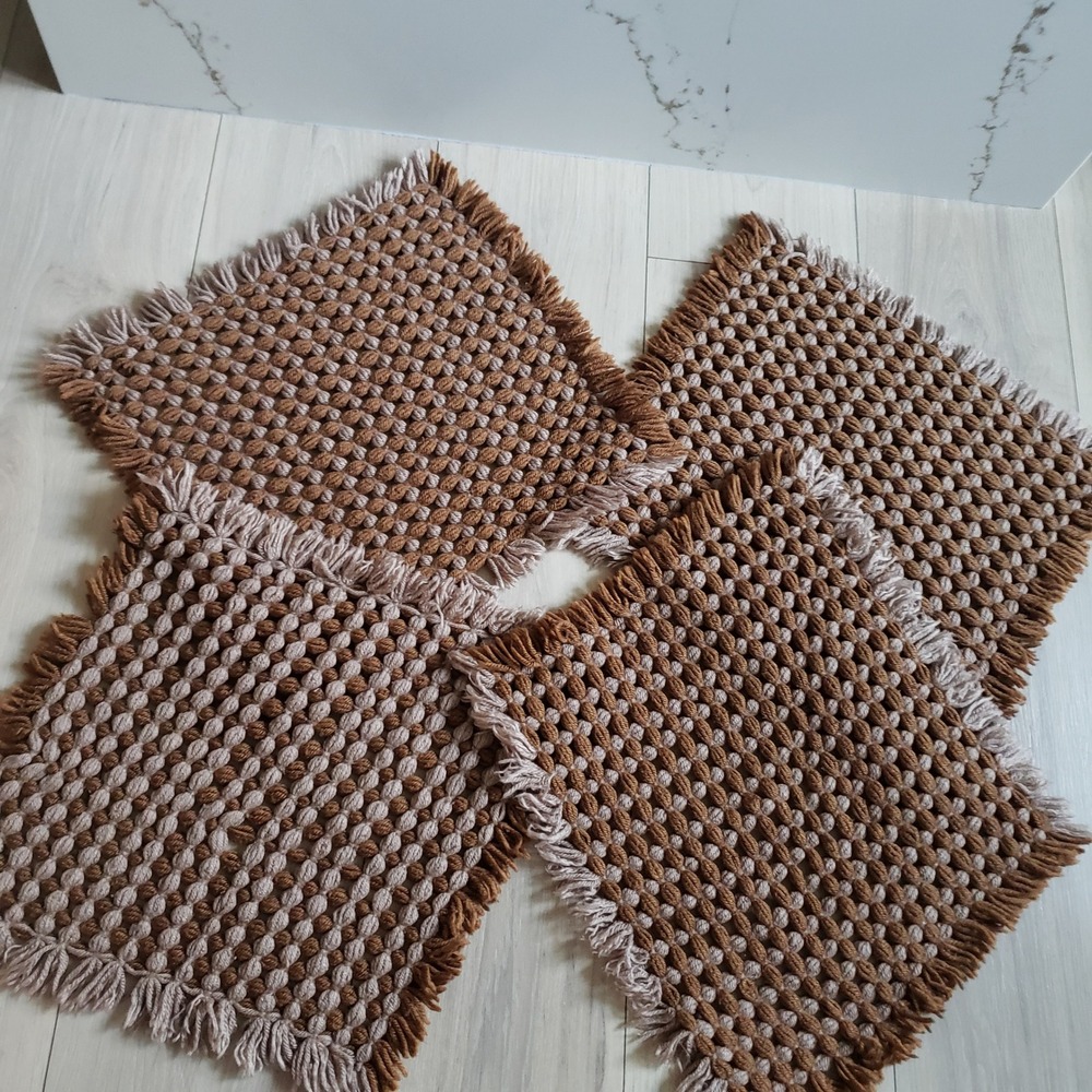 Vintage Woven Placemats Set of 4 Brown 15x16 Fringed Boho Mid Century Crochet